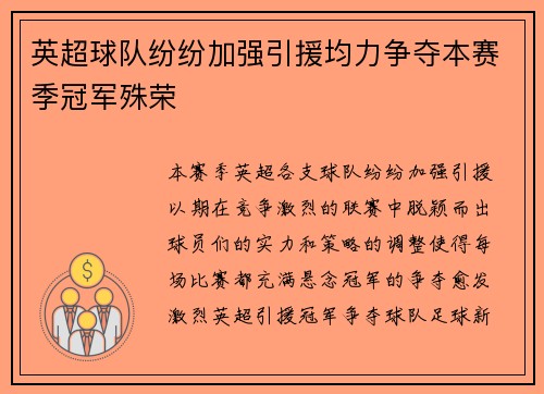 英超球队纷纷加强引援均力争夺本赛季冠军殊荣
